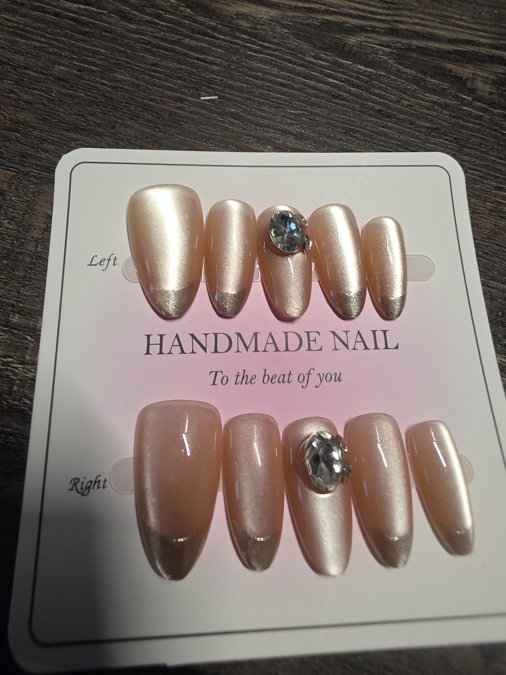 Handmade Pearlescent Peach Press-On Nail Set with Gem Accent